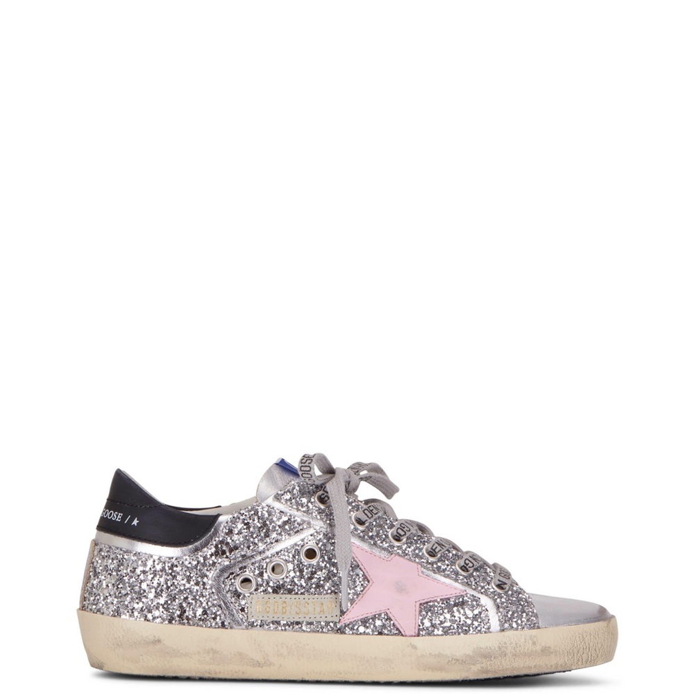 Golden Goose Silver Glitter Sneakers with Pink Accent